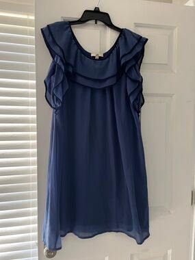 Navy Blue Ruffle Sleeve Chiffon Dress